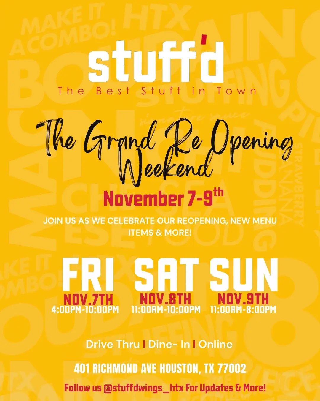 The wait is OVER. Nov 7–9 → Pull up, grab a plate, & let’s celebrate. 🍗🔥 #StuffdWings #GrandReOpening #HoustonFoodies #HTX #BlackOwnedEats 