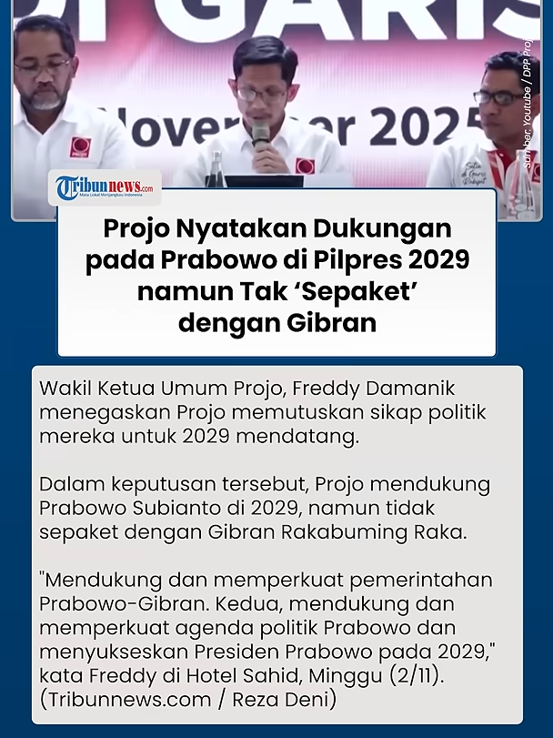 Tak Sebut Gibran, Projo Hanya Dukung Prabowo pada Pilpres 2029, Ganti Arah Dukungan? #gibran #prabowogibran #projokowi #projo #beritapolitik