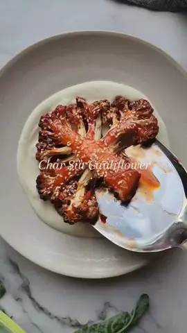 Char Siu Cauliflower recipe 💚 by @dandumbrell Recipe 👇 (makes 2 servings) Ingredients 1 cauliflower head 1/3 cup charsiu sauce*  1 Tbsp sesame seeds 1 Tbsp neutral oil (avocado, grapeseed) 2 Tbsp tahini 1/2 cup yoghurt 1 Tbsp rice vinegar 1/2 tsp white pepper powder Salt to taste Method 1) Preheat the oven to 180C. Cut 2 
