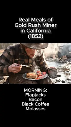 Real Meals of Gold Rush Miner in California (1852)                Main sources used:                     •	Food of the California Gold Rush (PBS)   	•	A Gold Hunter’s Experience — Chalkley J. Hambleton (Project Gutenberg)   	•	The Health Factor in the Gold Rush Era — J. E. Baur, Pacific Historical Review (JSTOR)   	•	Miner’s Lettuce (Claytonia perfoliata) — Nature Collective Plant Guide (vitamin-C, “miners” usage)   	•	Mary Ballou, a Boardinghouse Keeper in the California Gold Rush, 1852 (History Matters, GMU) #Gol#GoldRushe#49ersl#CaliforniaHistoryd#OldWesto#FoodHistorys#HistoryTokk#MukbangHistoryM#ASMRm#CampCookingu#Sourdougha#BeansAndBaconn#MinersLettucel#SaltPorkn#TinCupCoffeea#BoardingHousee#AmericanRiverT#NoTalkingt#UltraReala#learnontiktoks#historytok