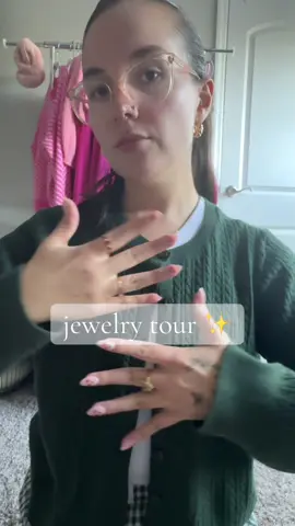 jewelry tour ✨ rings w/ gems - antique mall ring w/ moon - amazon white & pink bracelets - @SHEIN  permanent bracelet - got it in california  necklace - amazon  earrings - amazon  #jewelry #jewelrytiktok #jewelrytour #rings #bracelet 