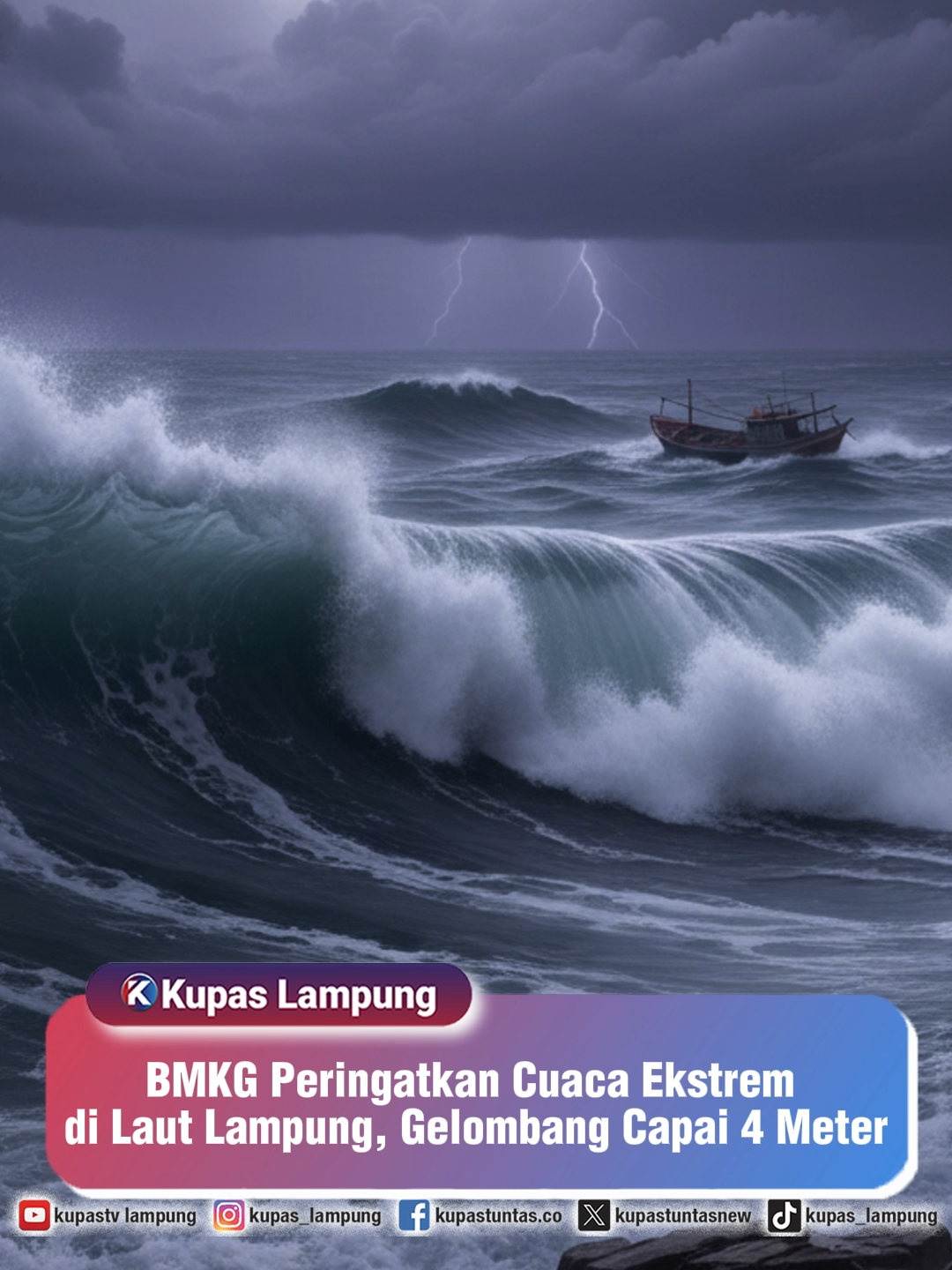 BMKG Peringatkan Cuaca Ekstrem di Laut Lampung, Gelombang Capai 4 Meter! . . BMKG Stasiun Meteorologi Maritim Panjang mengeluarkan peringatan dini cuaca ekstrem di perairan Lampung yang berlaku mulai 3 hingga 6 November 2025. Prakirawan BMKG, Putu Ray Arisudana, menyampaikan bahwa angin berhembus dari arah Selatan hingga Barat dengan kecepatan mencapai 27 knot. Gelombang setinggi 1,25 hingga 2,5 meter berpotensi terjadi di Teluk Lampung bagian Utara dan Selatan, sementara gelombang 2,5 hingga 4 meter berpeluang terjadi di Selat Sunda bagian Selatan dan Perairan Barat Lampung. BMKG mengimbau nelayan dan operator kapal agar selalu waspada terhadap kondisi angin kencang dan tinggi gelombang, serta rutin memperbarui informasi cuaca maritim sebelum berlayar. - Untuk berita selengkapnya, baca di kupastuntas.co dan berdikari.co - #BMKG #CuacaEkstrem #GelombangTinggi #Lampung
