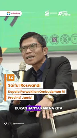 Hai #KantiOmbudsmanJambi Kepala Perwakilan Ombudsman RI Provinsi Jambi, Saiful Roswandi, mengatakan bahwa masih banyak petugas pelayanan publik yang tidak melayani masyarakat dengan baik. Hal ini harus menjadi perhatian bagi pimpinan penyelenggara layanan untuk memastikan masyarakat medapatkan haknya dengan baik. #OmbudsmanRI #OmbudsmanJambi #AwasiTegurLaporkan