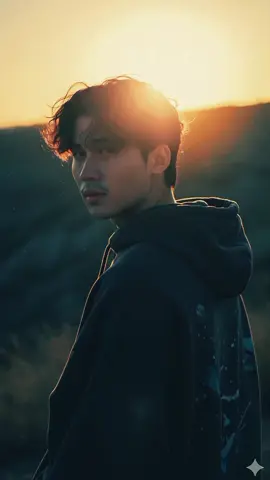 prompt 👇  An ethereal and moody, high-angle, young person from uploaded image (androgynous/male-presenting) with dark, messy, windswept hair, looking over their shoulder with an intense, slightly vulnerable gaze. They are wearing a dark, possibly black, oversized jacket or hoodie, which appears to have subtle blue/white abstract patterns or paint splatters on the back. The entire scene is dramatically backlit by a bright, low sun or sunset, creating a powerful golden rim light #fyp #gemini #trend #fyp 