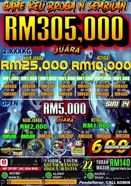 MP SPORT (M) SDN BHD  KOLAM MANCING BROGA, NEGERI SEMBILAN  GAME KELI SIRI 14 🎉2 JUARA🎉 600 RANKING DIPERTANDINGKAN TUMPANG LALU ADMIN🙏  21 PANCANG FREE 1 PANCANG HARI & MASA➡ SABTU (22.11.2025), 9.30PM - 1.30AM                          PENDAFTARAN : 3.11.2025 (2.00PM)                        !!! LOCK TAPAK DIWAJIBKAN DEPOSIT RM40, BALANCE BOLEH BAYAR DI KOLAM !!! LIHAT TAPAK UNTUK PENDAFTARAN 👇 https://forms.gle/T9TS2PiN446trVm88 📍 LOCATION Kolam Mancing Broga (MP Sport (M) Sdn Bhd) https://maps.app.goo.gl/QCpAifM1XLyJb8A19 SEBARANG  PERTANYAAN *BOLEH HUBUNGI ADY88  https://WWW.wasap.my/60136009996 WAN DJ https://WWW.wasap.my/60125636966 ALONG https://WWW.wasap.my/60123857726 REMY https://WWW.wasap.my/601164047504  NURIN  https://WWW.wasap.my/6012218626#MPSPORTFISHING #KOLAMBROGAN9 #GASAKITUPASTI #SAMPULITUREZEKI #SIRI13 