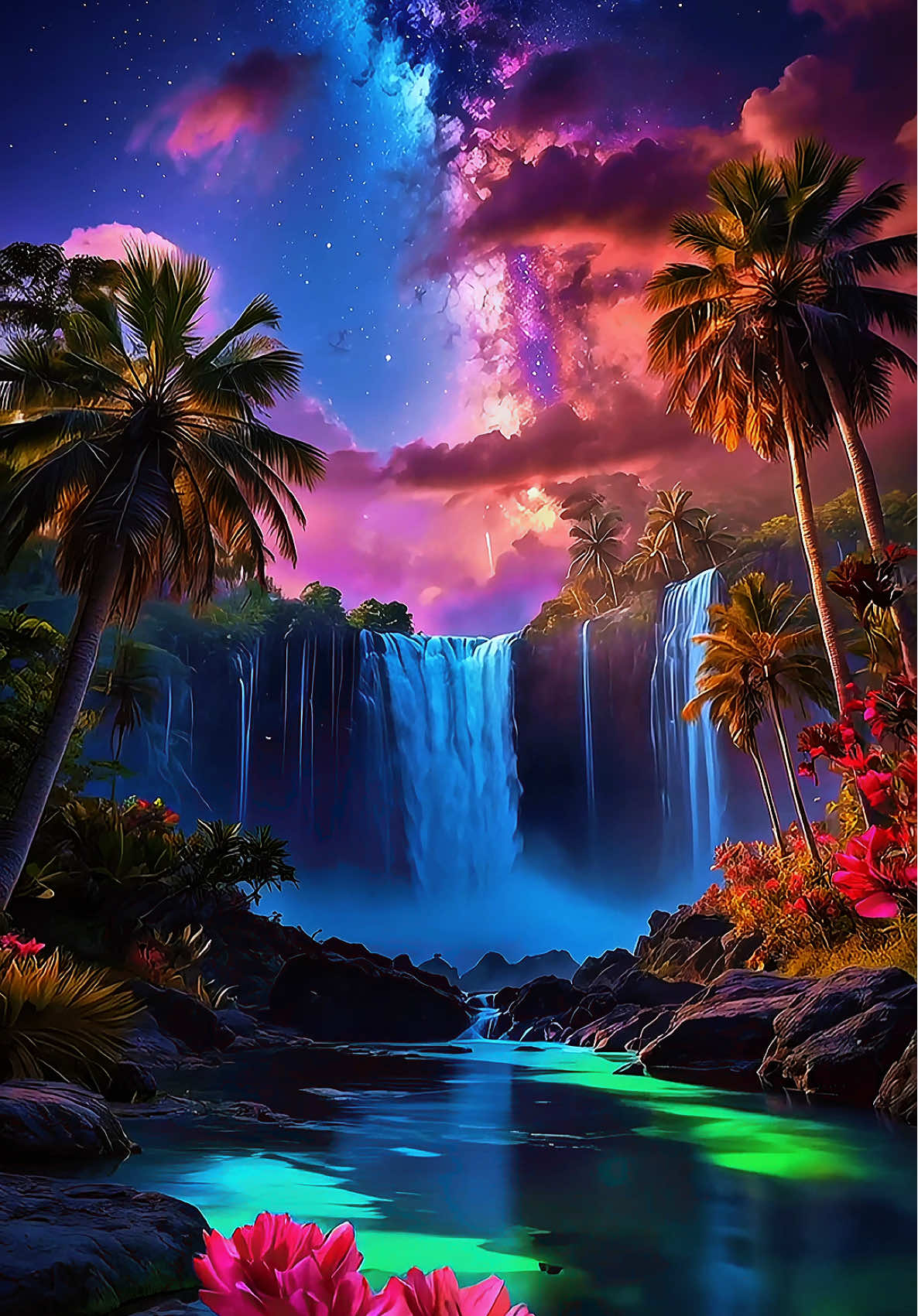 4K Live Wallpaper | Cosmic Jungle Waterfalls & Milky Way Lagoon ✨🏝️🌊🌺🐠 💠 Cosmic Jungle Waterfall & Milky Way Lagoon Beneath a galaxy painted in violet and turquoise light, the Cosmic Jungle Waterfall flows through a dreamlike world where tropical palms meet the infinite night sky. The Milky Way Lagoon glows in shades of emerald and neon, reflecting constellations that shimmer like liquid stars. Here, nature and the cosmos unite — waterfalls illuminated by cosmic light, orchids blooming under galaxies, and tranquil waters that pulse with bioluminescent energy. Every drop, every color, every reflection invites you into a fantasy landscape where the universe breathes through the jungle. Soft celestial mist rolls over the glowing lagoon, merging tropical serenity with the mystery of the stars. This is a realm of peace, light, and endless wonder — a world that feels alive, untouched, and eternal. Immerse yourself in this cinematic 4K live wallpaper, where waterfalls meet galaxies and the night sky becomes a mirror of your imagination ✨💙 ©️ Copyright — All content materials, including video, text, and descriptions, are property of AI Canvas Team. #wallpapers #livewallpaper #cosmos #jungle #waterfalls 