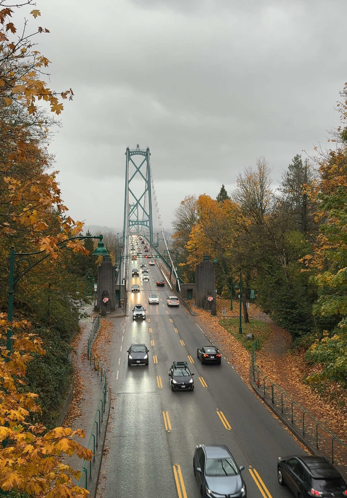 Visit Lions Gate Bridge to enjoy  autumn vibes in Vancouver 🍁 Тут ти закохаєшся в осінь ❤️ #fallseason #rainyvancouver #autumn #stanlaypark 