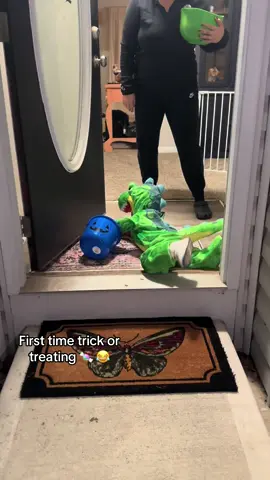 My baby’s first time trick or treating and he trips at his godmother’s house ! 🤣  #halloween #xyzbca #toddlertok #fypシ #funny 