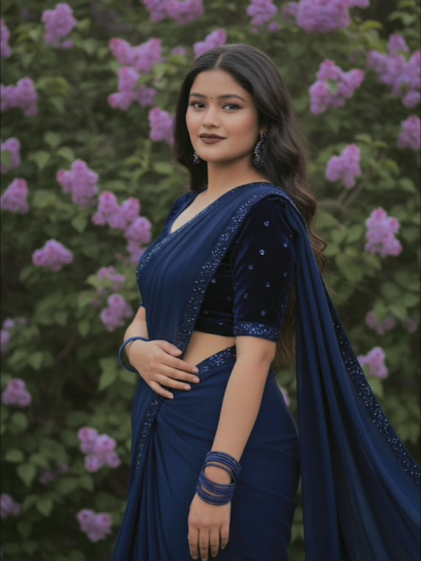 Create realistic portraits taking close-ups, Soft light evening climate, studio lighting DSLR Camara photogrphy, beautiful Indian woman wearing a navy blue saree decorated with jeweled embroidery with short velvet sleeves, often appearing full and swirled. Both arms wear navy blue stacked bracelets, navy blue jewel earrings. very long wavy hair . hinting at a playful spirit.She is smiling and has her hands use any photo poses and reaction unlimited, the other arm slightly stretched, then his head slightly raised camara. He had a calm expression. Lush bushes of bright lilac flowers, create a dense, colorful backdrop and dense bushes of lilac lilac fill the frame, with some green foliage, use attached image face details 200%. #capcut #geminiai #photoeditingchallenge #goviral #fyp 