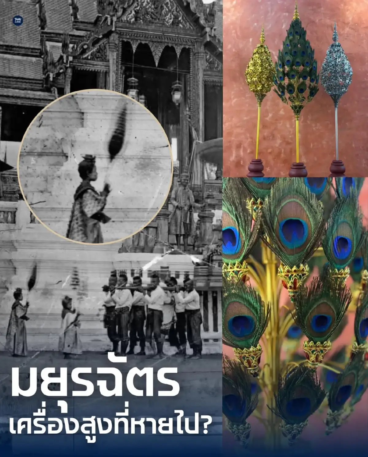 #”มยุรฉัตร“ หนึ่งในเครื่องสูงที่หายสาบสูญ เฟซบุ๊ก วาทิต บ้านใบตอง เผยแพร่ความรู้และข้อมูล ที่น่าสนใจเกี่ยวกับ “มยุรฉัตร“ หนึ่งในเครื่องสูง ของราชสำนักไทยในอดีต ความว่า ”ข้าพเจ้าเมื่อครั้งฝึกงานอยู่ที่ อาคารเรียน-รู้-เรื่องโขน  All About Khon เป็นช่วงที่กำลังอยู่ในขั้นตอนการจัดสร้าง ฉากโขนมูลนิธิส่งเสริมศิลปาชีพฯ ตอน “ สัตยาพาลี “  ก็ได้มีโอกาสเห็นการทำงานของทีมช่างฝ่ายฉาก  อีกทั้งได้เห็นขั้นตอนการเขียนแบบร่างแบบของท่าน อาจารย์สุดสาคร ชายเสม อยู่เนืองๆ มีความรู้สึกตื่นตา ตื่นใจอย่างมากเพราะเคยเห็นเพียงเบื่องหน้า ของโขนมูลนิธิส่งเสริมศิลปาชีพฯ ไม่คิดว่าวันหนึ่ง จะได้พบเห็นอยู่ในเหตุการณ์เบื้องหลัง ได้เห็นถึงแนวคิดการทำงานการวางแผนงาน อย่างเป็นระบบเป็นขั้นเป็นตอนของทีมโขนพระราชทาน  เมื่อดำเนินการไปถึงช่วงครึ่งของการฝึกงานพอจะเป็นที่ ไว้วางใจกับท่านอาจารย์แล้วบ้าง ก็ได้มีคำสั่งให้จัดทำ งานดอกไม้ประดิษฐ์เครื่องแขวน พวงมาลัยประกอบ ฉากโขนในตอนนี้ ก็เป็นเรื่องที่ถนัดตรงสายกับที่ได้ร่ำเรียน มา ไม่ยากเกินความสามารถ จึงตอบตกลงยินดีที่จะได้ เป็นส่วนหนึ่งในการแสดงครั้งสำคัญของประเทศชาตินี้  ก็ได้จัดทำสำเร็จลุล่วงไปด้วยดี  แต่อีกสิ่งหนึ่งที่อาจารย์ท่านได้กล่าวถึง และเป็นสิ่งใหม่มาก สำหรับข้าพเจ้านั่นคือ “ เองทำมยุรฉัตร และพุ่มดอกไม้เงิน พุ่มดอกไม้ทองด้วย ”  คำถามที่เกิดขึ้นในหัวของข้าพเจ้าคือ พุ่มดอกไม้เงินทอง พอจะเข้าใจ แต่มยุรฉัตร ยอมรับเลยว่าข้าพเจ้าไม่รู้จัก มาก่อน ท่านอาจารย์ก็เมตตาให้เจ้าหน้าที่หาภาพ ที่พอจะมีจากภาพเขียนจิตกรรมฝาผนัง มาให้ชม ก็พอมองออกได้ว่าเป็นทรงพุ่มแต่จะดูแบนเป็นพัด หรือเป็นพุ่มรอบด้านนั้นก็ต้องวิเคราะห์กันอีกที  ในใจก็คิดอยู่ว่าเป็นเรื่องใหญ่เกินตัวเสียแล้ว จะทำได้อย่างไรในเมื่อหาข้อมูลจากสื่อต่างๆ ก็ไม่มีตัวอย่าง ให้เห็นเลย  เมื่อรับคำสั่งแล้วก็ต้องทำให้ดีที่สุดในฐานะนักศึกษา ฝึกงาน ข้าพเจ้าและน้องฝึกงานด้วยกันจึงได้ขออนุญาต ฝ่ายเครื่องสูงในพระบรมหาราชวัง เพื่อขอข้อมูลสัดส่วน ของพุ่มเงินพุ่มทอง และมยุรฉัตร  จึงได้ความว่าที่เครื่องสูงเองก็ไม่ปรากฏให้เห็นแล้ว ไม่มีแม้แต่หลักฐานโครงสร้างหลงเหลือให้ได้ศึกษาเลย  ทราบได้ว่า มยุรฉัตร เป็นเครื่องสูงที่ใช้ในขบวนพิธี  