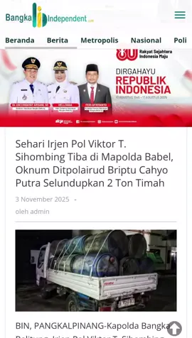 #fyp #smuggling #satgashalilintar #penyelundupantimah #poldababel  PANGKALPINANG-Kapolda Bangka Belitung, Irjen Pol Viktor T. Sihombing resmi tiba di Mapolda Babel pada Jumat 31 Oktober 2025 sekitar pukul 09.20 WIB. Kedatangan Irjen Pol Viktor yang juga mantan Kadivkum Polri ini disambut dengan berbagai rangkaian acara tarian dan pedang pora Berselang sehari kemudian,  Briptu Cahyo Putra, Banit II Siintelair Subdit Gakkum Ditpolairud Polda Kep. Babel tertangkap hendak menyelundupkan 2 ton pasir timah dari Pulau Belitung ke Pulau Bangka, Sabtu (1/11/2025) pukul 16.30 WIB.  Tim Satgas Halilintar, Satgas PKH (Dibawah pimpinan Dankorwil), Posal, Polsek Badau, Kajari Belitung mengamankan mobil Pick up dengan Nopol B. 9193 BCI yang akan menyebrang menggunakan Kapal Menumbing tujuan Sadai Kab. Bangka Selatan di Pelabuhan Tanjung Ruu Kec. Badau. Adapun kronologinya, Tim Satgas melaksanakan pemeriksaan terhadap mobil tersebut yang dimana kedapatan membawa pasir timah kurang lebih 2 ton dengan modus timah dihampar dibawah dilapisin terpal dengan ditutup seng,  atasnya  ditaruh Drum kosong untuk mengelabuhi petugas.  Lantas mobil dan sopir dibawa oleh Tim Satgas Halilintar menuju kejaksaan Belitung untuk dilaksanakan pemeriksaan lebih lanjut.  Selain Briptu Cahyo Putra,  turut diamankan Yohanes Frengki Febri Setiawan, warga Dusun Kayu Ara Desa Jeruk Kec. Pangkalan Baru Kab. Bangka Tengah.  Jaringan penyelundupan pasir timah ilegal lintas pulau kembali terbongkar. Di balik pengiriman dua ton pasir timah yang hendak di cetak balok timah (BL) menuju Tegal, Jawa Tengah, terkuak nama besar yang disebut-sebut menjadi otak pengendali bisnis haram tersebut yaini, Roki Rahman, pengusaha timah asal Desa Air Ketekok, Tanjungpandan, dan Yohanes Frengki dari Bangka Tengah.  Investigasi media ini mengungkap, sebelum berbentuk balok, timah ilegal itu berasal dari pasir timah mentah diduga dikumpulkan dari sejumlah titik di Pulau Belitung oleh kolektor bernama Roki Rahman.  Bahan mentah tersebut kemudian dicetak menjadi balok timah (BL) di wilayah Sadai, Bangka Selatan, untuk menghapus jejak asal barang. Dari sana, balok siap jual itu dikirim menggunakan jalur laut menuju Tegal, sebelum dilepas ke jaringan penampung nasional. “Roki itu pemain lama. Sadai cuma tempat pencetakan sebelum barangnya dikirim keluar. Tegal jadi pintu distribusi,” ungkap sumber terpercaya di lapangan kepada babelterkini.com. Sabtu (1/11/25) malam.  Nama Roki bukan sosok baru. Ia pernah disebut dalam kasus home industri balok timah ilegal di Kecamatan Gantung, Beltim, yang dibongkar aparat beberapa waktu lalu. Kini, jejaknya kembali muncul dalam penyelidikan terbaru setelah Satgas Halilintar menggagalkan pengiriman dua ton pasir timah di Pelabuhan Tanjung RU, Badau, Belitung, Sabtu (1/11/2025). Barang yang disita dari truk engkel Isuzu itu diduga dikendalikan oleh Yohanes Frengki, pengusaha asal Bangka Tengah yang disebut sebagai pemilik barang. Sedangkan Roki berperan sebagai pencari pasir timah dari para penambang liar yang menambang di Belitung. Lebih mencengangkan lagi, pengiriman tersebut dikawal oleh oknum anggota Ditpolairud Polda Babel bernama Cahyono Putra.  