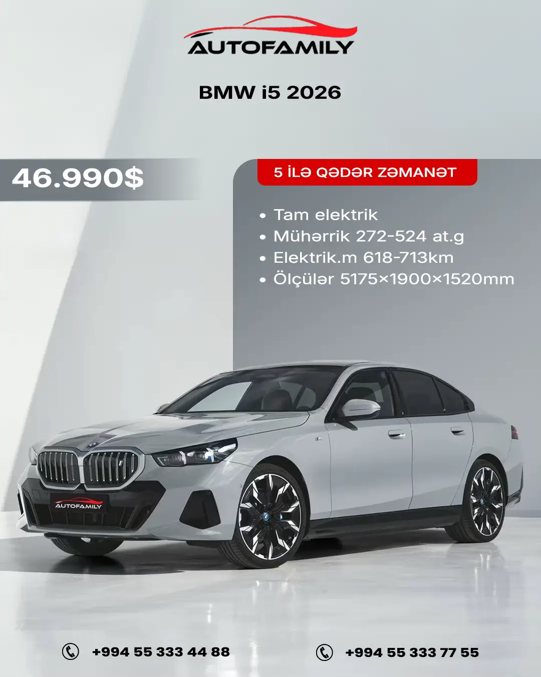 BMW i5 2026 — Gələcəyin zərif gücü. Tam elektrikli, ağıllı idarəetmə sistemi və mükəmməl komfortu ilə hər detalında texnologiyanın və dəbdəbənin birləşməsi. Yeni BMW i5 ilə hər yol sənin üstünlüyündü. ⚡🚘 #BMWi5 #Autofamily #ElectricLuxury ⸻ BMW i5 2026 — The elegance of future power. Fully electric, intelligently designed, and crafted for ultimate comfort — the perfect harmony of innovation and luxury. With the new BMW i5, every road belongs to you. ⚡🚘 #BMWi5 #Autofamily  ⸻ BMW i5 2026 — Элегантность будущей мощи. Полностью электрический, умный и созданный для абсолютного комфорта — идеальное сочетание технологий и роскоши. С новым BMW i5 каждая дорога принадлежит тебе. ⚡🚘   