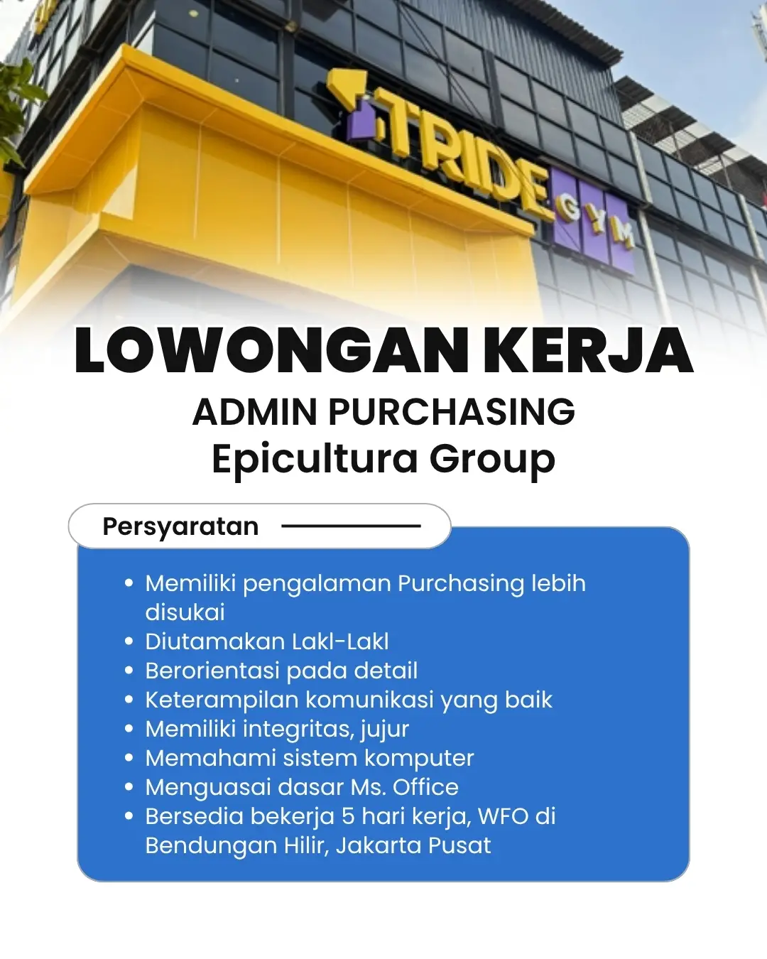 Lowongan pekerjaan dari Epicultura Group, PT. Satya Kroma Sinergix, PT. Tunas Sumber Ideakreasi Kimia, PT Yamaha Music Manufacturing Indonesia, PT. Grahaprima Suksesmandiri Tbk *Hanya kandidat yang sesuai dengan kualifikasi yang akan dihubungi dan diproses. . *Proses rekrutmen tidak pernah memungut biaya apapun. #terminalhrd #loker #lokerterbaru #lowongankerja #lokerjakarta 
