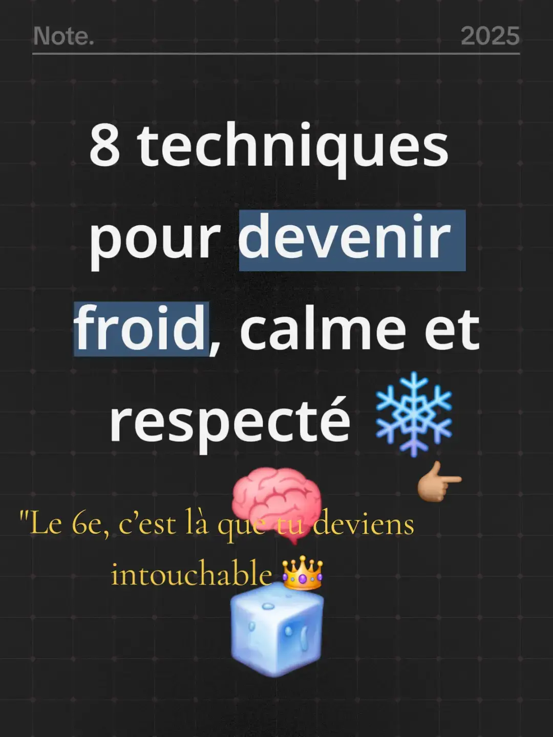 Être froid, ce n’est pas être méchant. C’est apprendre à ne pas se laisser atteindre. À ne pas mendier l’attention, l’amour, ni le respect. Tu deviens calme, sélectionné, imprévisible… et automatiquement plus respecté. La froideur maîtrisée, c’est une armure silencieuse #MentalFort #Charisme #RespectDeSoi #ForceIntérieure #ConfianceEnSoi @AuraDuMental @AuraDuMental @Salifou2stade 