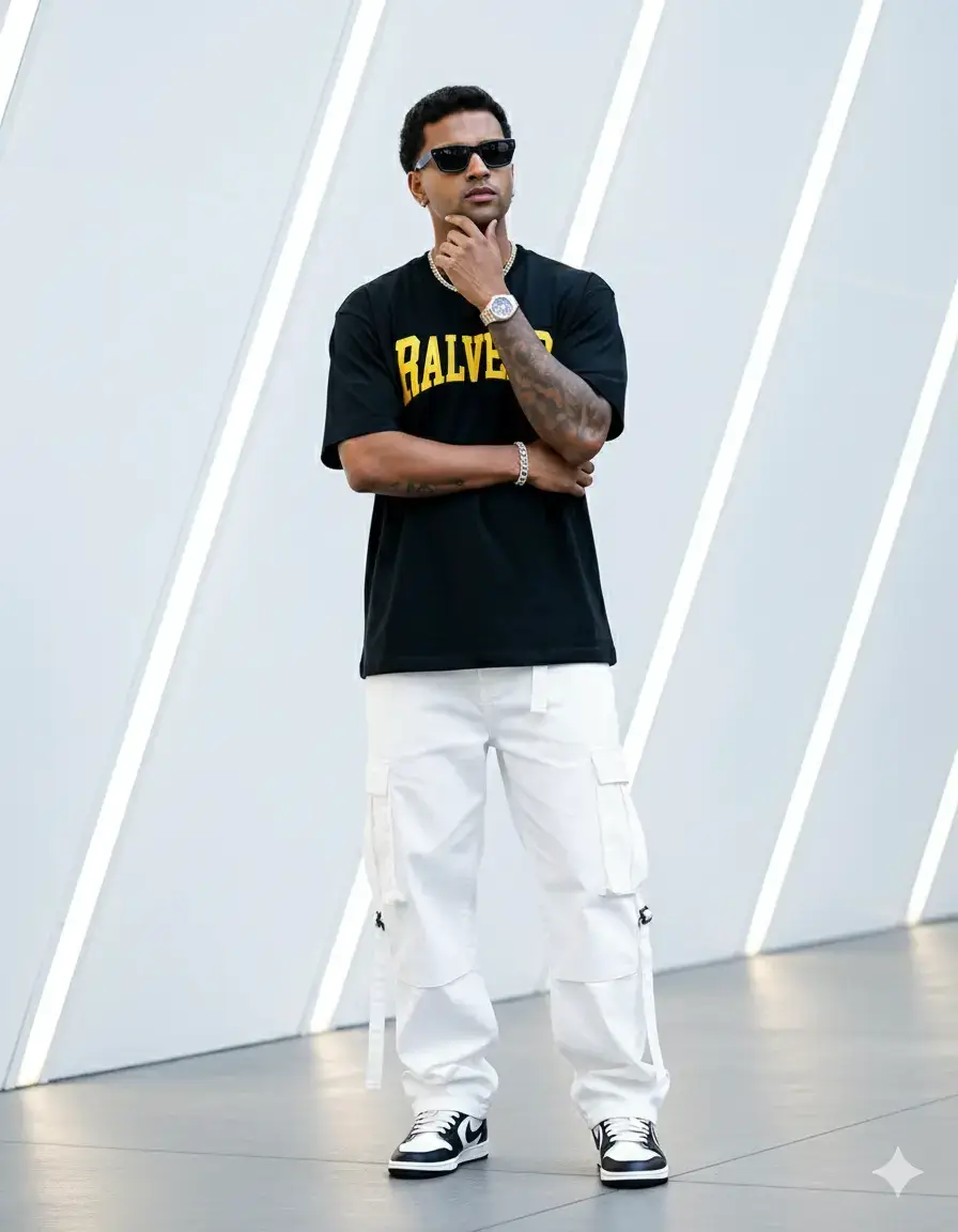 #creatorsearchinsights Prompt ✨⬇️ Ultra-realistic, hyper-detailed 8K full-body cinematic of tall skinny male stylish  The subject  stands, chin in a thoughtful pose. Head turned slightly toward the camera, eyes looking slightly away  confidently against a bold white geometric wall structure,he wearing a lose black-yellow branded and stylish T-Shirt,lose white cargo jeans,bracelet,wristwatch,sunglasses, sneakers,his expression calm and assured,face turned slightly toward the camera.#halamadrid #fotball #photo 
