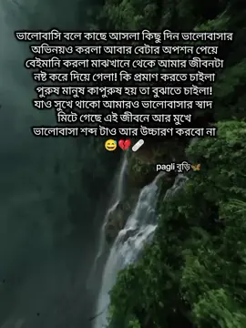 ভালোবাসি বলে কাছে আসলা কিছু দিন ভালোবাসার অভিনয়ও করলা আবার বেটার অপশন পেয়ে বেইমানি করলা মাঝখানে থেকে আমার জীবনটা নষ্ট করে দিয়ে গেলা! কি প্রমাণ করতে চাইলা পুরুষ মানুষ কাপুরুষ হয় তা বুঝাতে চাইলা! যাও সুখে থাকো আমারও ভালোবাসার স্বাদ  মিটে গেছে এই জীবনে আর মুখে ভালোবাসা শব্দ টাও আর উচ্চারণ করবো না 😅💔🩹#foryoupage #unfrezzmyaccount #trending #paglibudi #foryoupageofficiall 