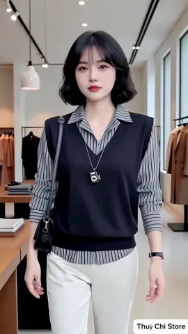 Áo thun phối cổ sơ mi kiểu gilê, thanh lịch, trẻ trung và dễ phối đồ. ##aosominu##thoitrangnu##xuhuong##viral##thinhhanh