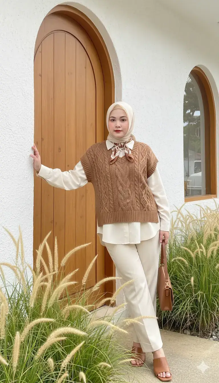 Jangan ubah wajahnya. Edit foto aslinya. Foto full-shot menampilkan seorang perempuan muda berpose santai di luar ruangan, bersandar di dinding putih bertekstur di samping pintu kayu dengan bagian atas yang membulat. Ia memiliki ekspresi natural dengan riasan tipis. Ia mengenakan pakaian berlapis yang chic dengan warna-warna alami. Lapisan atasnya berupa rompi rajutan warna milo dengan kerah V dan motif rajutan kabel, dikenakan di atas kemeja krem lengan panjang berkerah. Di lehernya, ia mengenakan syal sutra kecil bermotif mocca dan krim yang diikat rapi. Ia mengenakan celana panjang krem yang sedikit dijahit, dan sepatu hak blok mocca berujung terbuka. Di kepalanya, ia mengenakan jilbab krem yang ditata rapi. Ia menenteng tas bahu kulit berwarna mocca di tangan kirinya, yang tergantung santai di sampingnya. Latarnya tampak seperti kafe luar ruangan atau pintu masuk gedung, dengan rerumputan hias hijau dan keemasan yang rimbun di latar depan dan di sepanjang tepi bingkai, menambahkan sentuhan alami dan lembut pada latar belakang perkotaan. Pencahayaannya terang dan alami, menghasilkan bayangan lembut dan menonjolkan tekstur pakaian dan dindingnya.#geminiai #foto #fyppppppppppppppppppppppp 