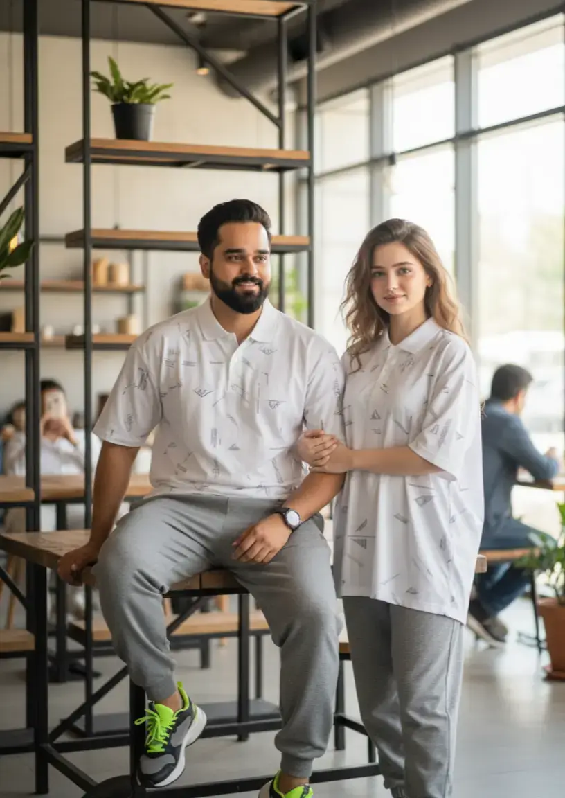 A trendy young couple with voluminous swept hairstyle and neatly groomed beard, both wearing matching a oversized white printed polo t-shirt and buggy grey jogger pants. He is sitting on the edge of a wooden table, one leg up, one arm resting on the table, smiling softly in a modern café with artistic black iron geometric frames. He wears sporty sneakers with neon green details and a casual wristwatch. The background is lively and softly blurred, bright lighting, ultra-realistic DSLR 8K. Use same face of given #fypviralシ #photography 