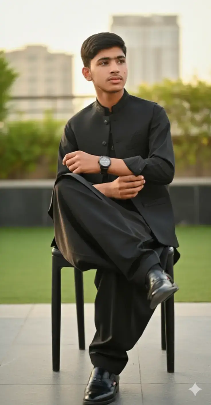photo Promot 👇👇  A high-fashion outdoor portrait of a stylish young man, using the exact same face from the reference image with no alterations. He wears a black tailored Shalwar Kameez with a black waistcoat featuring subtle embroidery on the edges, paired with polished, shining black luxury shoes. Fabric and waistcoat show natural, lifelike motion. He is seated confidently on a stylish chair in a leg-crossed (tang per tang) pose: one leg crossed over the other at the knee, leaning back slightly with relaxed shoulders. One hand rests elegantly on the armrest or knee, the other adjusting cufflinks or casually placed. Slight torso twist adds dynamic elegance. Gaze directed slightly to the side with a composed, poised expression. Outdoor setup: soft natural sunlight with realistic shadows, set in an upscale garden, terrace, or urban environment. Subtle depth-of-field to keep focus on him. Skin, hair, fabric, shoes, and accessories are ultra-detailed, creating a high-fashion editorial portrait with cinematic realism and natural face#gemini #google #foryou 