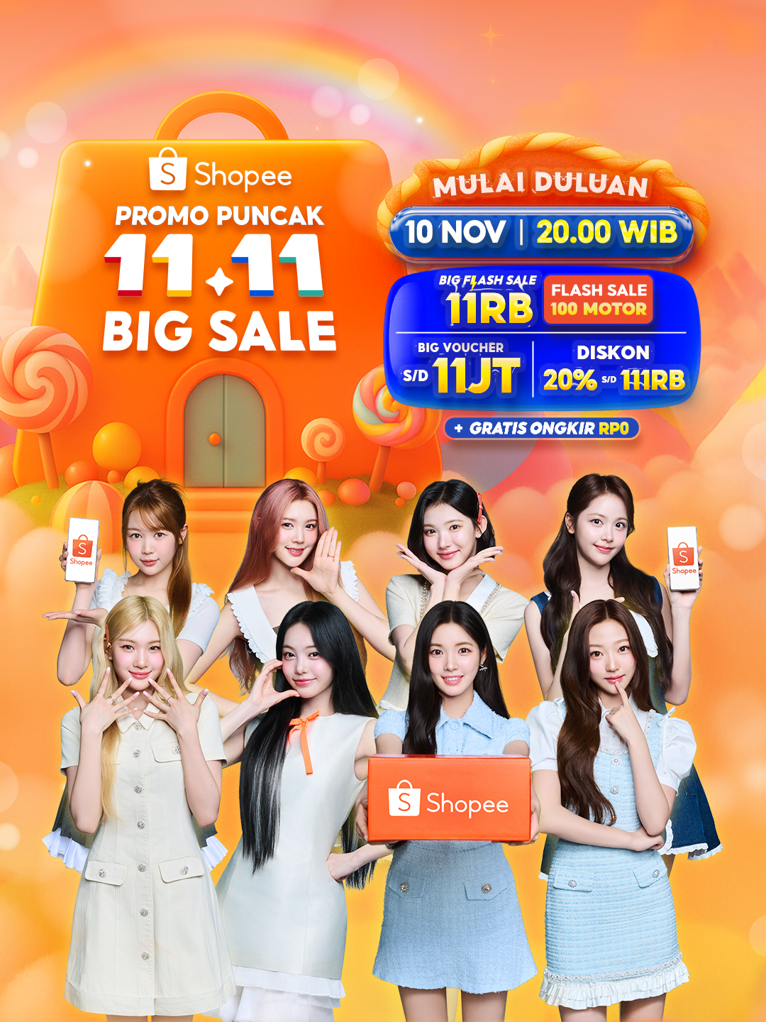Hai Sobat Shopee! Jangan lewatkan PROMO PUNCAK Shopee 11.11 Big Sale Mulai duluan 10 November jam 8 MALAM! 🤩 Kamu bisa nikmati berbagai promo menarik! Mulai dari Big Flash Sale 11RB - Flash Sale 100 Motor & Flash Sale iPhone Seharian, Big Voucher s/d 11JT, Diskon 20% s/d 111RB, dan Gratis Ongkir RP0! 🎉 Udah siap dong belanja bareng @hearts2hearts? Yuk belanja di Shopee sekarang! #SHOPEExHearts2Hearts #LebihHematLebihCepatDiShopee