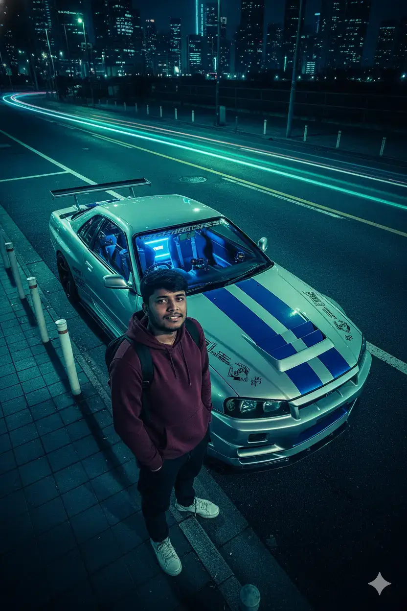 @zaheer:• Style & Atmosphere Photorealistic style with nighttime city lighting Dominant colors: neon blue, metallic gray, and street lights Mysterious, urban mood inspired by Japanese street racing • Main Subject (Human) Use my photo as the main subject for face A young man wearing a maroon hoodie, dark pants, and white sneakers Black backpack on the back, hands in pockets Looking upward toward the camera (top-down angle) • Vehicle (Sports Car) Silver sports car with blue racing stripes Design resembling a Nissan Skyline R34 with a full body kit Modification stickers and Japanese text on the hood Interior glowing with blue neon light • Surroundings Roadside at night with dark asphalt and white lines Sidewalk with blue tiles and white poles City lights creating a futuristic, dramatic vibe Reflections on the car surface, adding cinematic effect • Color & Lighting Mood Dim lighting with neon blue and green glow High contrast between the glossy car and dark background Streetlights reflecting on wet asphalt and car body • Format Photo ratio: 3:4