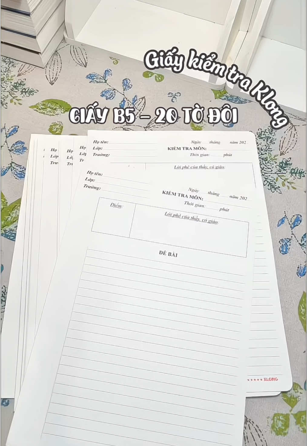 Giấy kiểm tra cấp 2-3 vủa Klong nè, chất giấy dày dặn, một sấp có hẳn 20 đôi giấy. Sài bút bi hay bút gel đều không bị in ra mặt sau nhé, xịn xò lắm lun.#giaykiemtra #giaykiemtrahocsinh #klong #giaykiemtrakengang 