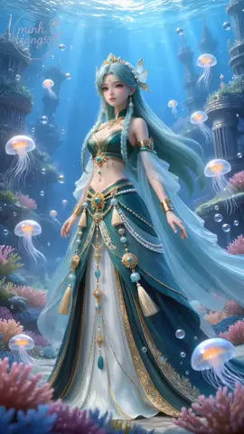 🌌 Amid the coral kingdom, she is the symphony of waves and emerald light. #FantasyPrincess #OceanVibes #AICharacter #DreamRealm #NotARealHuman 