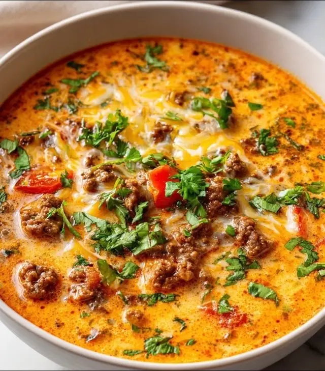 Creamy Taco Soup Ingredients 	•	1 lb ground beef, ground turkey, or shredded chicken 	•	1 small onion, diced 	•	2 cloves garlic, minced 	•	1 packet taco seasoning (or 2 Tbsp homemade) 	•	1 (10 oz) can Rotel (diced tomatoes with green chilies) 	•	1 (15 oz) can corn, drained 	•	1 (15 oz) can black beans, drained and rinsed 	•	1 (8 oz) block cream cheese, softened and cubed 	•	1 cup heavy cream or half-and-half 	•	2 cups chicken broth (or beef broth) 	•	1 cup shredded cheddar or Mexican blend cheese 	•	Salt and pepper, to taste ⸻ Instructions 	1.	Brown the meat: In a large pot or Dutch oven, cook the ground beef and onion over medium heat until the meat is browned. Drain any grease. 	2.	Add garlic and seasonings: Stir in minced garlic and taco seasoning. Cook for 1 minute until fragrant. 	3.	Add liquids and veggies: Stir in Rotel, corn, black beans, and chicken broth. Bring to a simmer. 	4.	Make it creamy: Reduce heat to low and add cream cheese cubes. Stir frequently until fully melted and blended. 	5.	Add cream and cheese: Pour in the heavy cream and shredded cheese. Stir until smooth and creamy. Season with salt and pepper to taste. 	6.	Simmer: Let the soup cook on low for another 10 minutes to thicken and deepen in flavor. 	7.	Serve: Ladle into bowls and top with your favorite garnishes. ⸻ Topping Ideas 	•	Crushed tortilla chips 	•	Sliced jalapeños 	•	Diced avocado 	•	Fresh cilantro 	•	Shredded cheese 	•	Sour cream or Greek yogurt #fypシ゚viral #fyp #cook #soup #MomsofTikTok 
