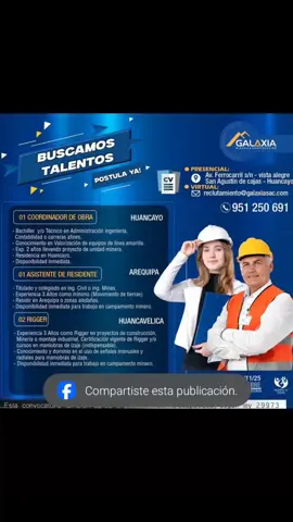 !🏗️ CONSTRUIMOS EL FUTURO CON TALENTO Y PASIÓN ⚙️ Buscamos profesionales que compartan nuestra visión: personas con iniciativa, compromiso y actitud de crecimiento. Formar parte de nuestro equipo significa ser parte de una organización sólida, moderna y en constante evolución. ✨ Tu crecimiento también construye nuestro futuro. 🤝¡Únete  #familiagalaxia  👷‍♀️POSTULA YA! 📨reclutamiento@galaxiasac.com 🧏‍♂️Av. ferrocarril vista alegre san Agustín de cajas -  Huancayo 👉Informes al Cel.📲 951250691  #administradordeobra #administradordeobras #administradordeobra💪 #asistenteresidente 