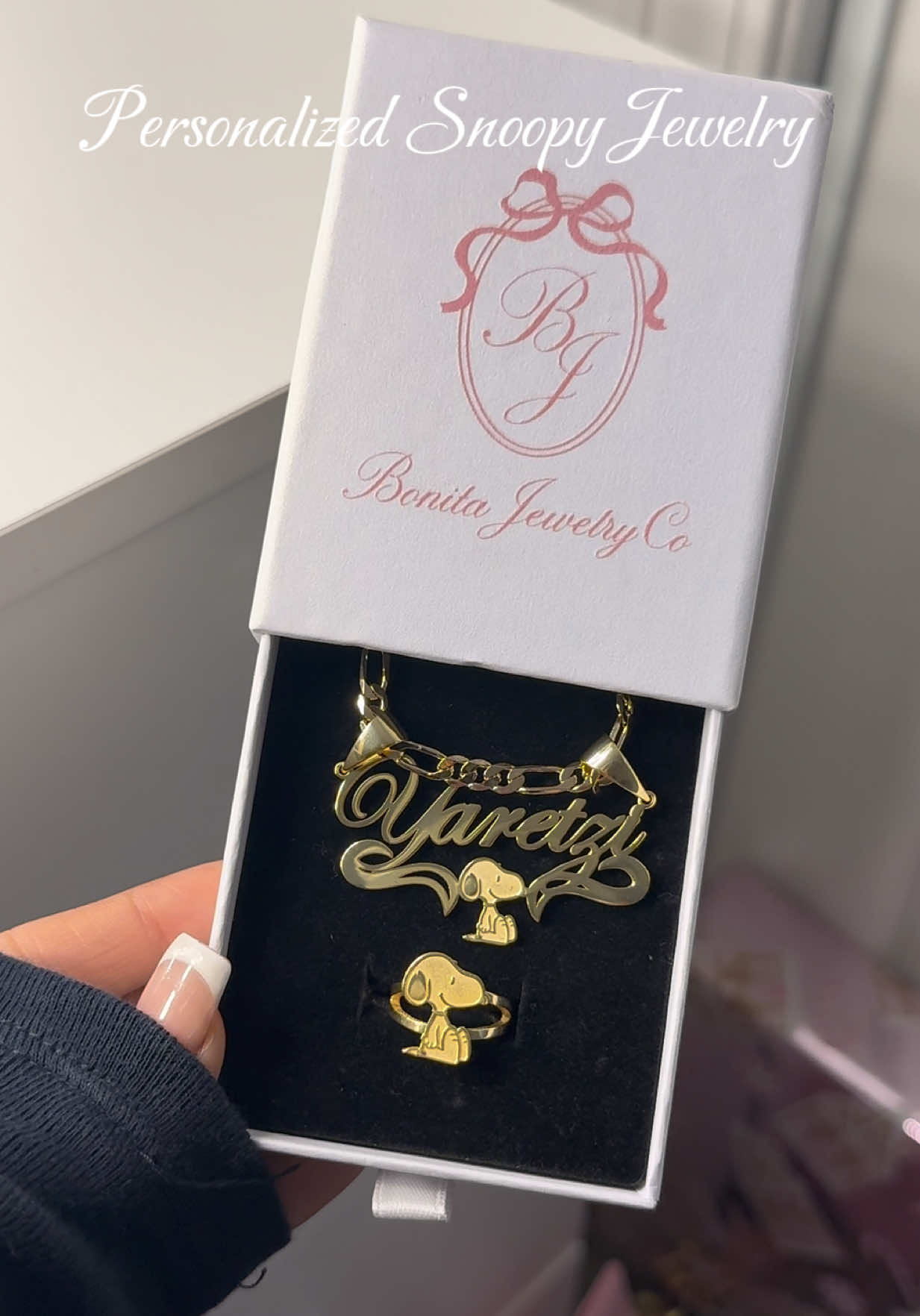 Gold personalized Snoopy jewelry💕##gold#snoopy#ring#name#necklace