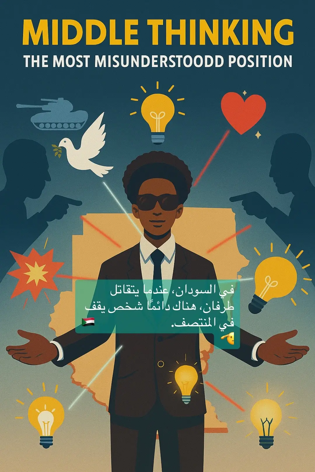 🌀 التفكير الوسطي — الموقف الأكثر سوء فهمًا في السودان، عندما يتقاتل طرفان، هناك دائمًا شخص يقف في المنتصف. لا يختار الحرب، ولا يختار الكراهية، بل يختار الفهم. لكن كلا الطرفين يهاجمانه. أحدهما يقول: “أنت معهم!” والآخر يقول: “أنت ضدنا!” ومع ذلك، كل ما يقوله هو: “أنا مع السودان.” الناس يظنون أن الوقوف في المنتصف يعني الحياد أو الخوف، لكن أحيانًا يعني أن تكون حكيمًا بما يكفي لتفهم الصورة كاملة. أن تدرك أن الحقيقة لا يملكها جانب واحد، وأن تختار السلام، حتى عندما يصبح السلام موقفًا غير محبوب. هذا ما أسميه التفكير الوسطي — لا يمين، لا يسار — فقط إنسانية
