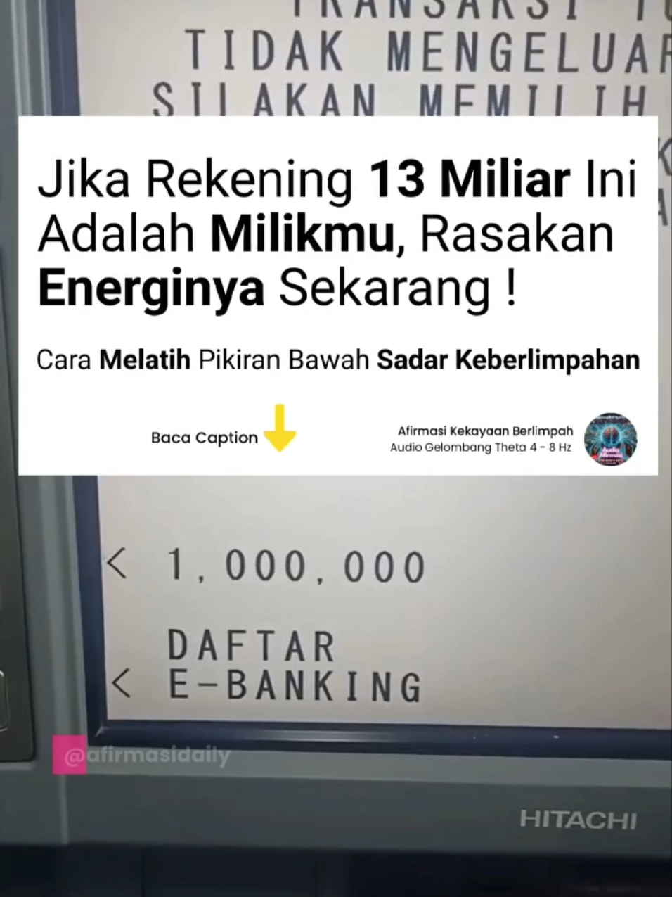 Tutup matamu sejenak.. Bayangkan angka ini adalah milikmu. Rasakan napasmu jadi lebih ringan. Tidak ada lagi ketakutan tentang uang. Tidak ada lagi kecemasan akan tagihan. Hanya rasa tenang... dan keyakinan bahwa kamu layak memiliki semua ini. Menurut Dr. Joseph Murphy, PIKIRAN BAWAH SADAR TIDAK TAHU MANA NYATA, MANA IMAJINASI — yang dia tahu hanyalah apa yang kamu rasakan sebagai benar. Jadi, saat kamu sungguh-sungguh merasakan kelimpahan ini, tubuhmu memancarkan frekuensi kelimpahan itu ke semesta. Dan energi yang kamu pancarkan... akan kembali padamu dalam bentuk rezeki nyata. Inilah cara energi uang bekerja: bukan dari kerja keras dulu, tapi dari frekuensi yang selaras dengan rasa cukup dan syukur. Kalau kamu ingin melatih pikiran bawah sadar agar lebih cepat terbiasa dengan energi kelimpahan seperti ini — dengarkan Audio Afirmasi Kekayaan Berlimpah Gelombang Theta (4–8 Hz) setiap malam sebelum tidur. DAPATKAN Audio Afirmasi Menarik Energinya di Link pada bio / profil. Biarkan gelombang Theta menulis ulang realitas keuanganmu dari rasa takut... menjadi rasa berlimpah
