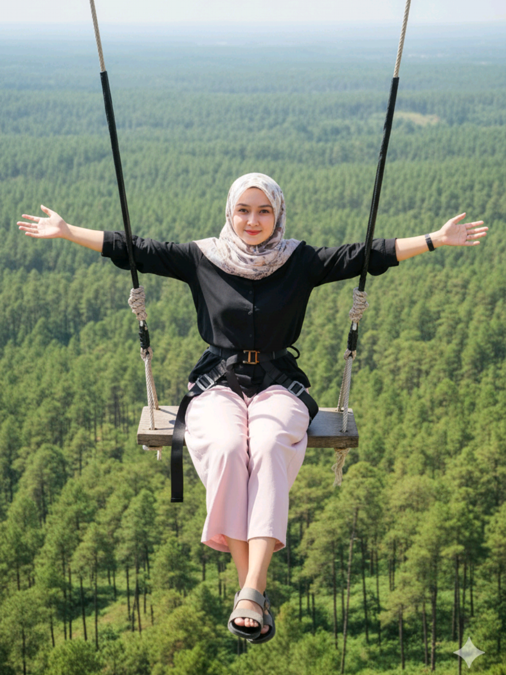 Prompt Ai wanita duduk di ayunan tinggi Buatkan gambar hyper-realistic, wajahnya sama persis dengan foto referensi (100% tanpa perubahan pada wajah, mata, struktur wajah, alis, hidung, bibir dan juga jangan merubah bentuk badan) Seorang wanita berhijab duduk di ayunan tinggi di atas lembah dengan latar belakang hutan pinus hijau yang luas tanpa pijakan tanah, ia mengenakan Atasan: Blus atau kaus panjang berwarna hitam polos Model sederhana, tanpa motif, berlengan panjang Bahan tampak ringan dan nyaman untuk aktivitas luar ruangan Bawahan: Celana kulot longgar berwarna pink muda atau pastel Potongan lebar di bagian bawah, memberi kesan santai dan feminin Panjang menutupi hingga ke pergelangan kaki Hijab: Hijab motif lembut dengan warna dasar cokelat muda atau krem berpadu dengan warna abu dan putih Dililit rapi di kepala dengan gaya simpel menutupi dada Bahan tampak ringan, mungkin dari sifon atau voile Alas kaki: sandal tertutup yang nyaman untuk outdoor Aksesori tambahan: Sabuk pengaman (safety harness) terpasang di pinggang dan paha, sebagai pengaman ayunan tinggi. Ia tersenyum tipis dan membuka tangan lebar-lebar menikmati udara segar, suasana damai dan bebas, cahaya alami siang hari yang cerah, gaya fotografi outdoor natural dengan fokus pada keindahan alam dan ekspresi kebebasan, beresolusi sangat tinggi, 8K, fokus tajam, detail tajam. #hijab #fyp #fyppppppppppppppppppppppp #fypシ゚ #fypage 