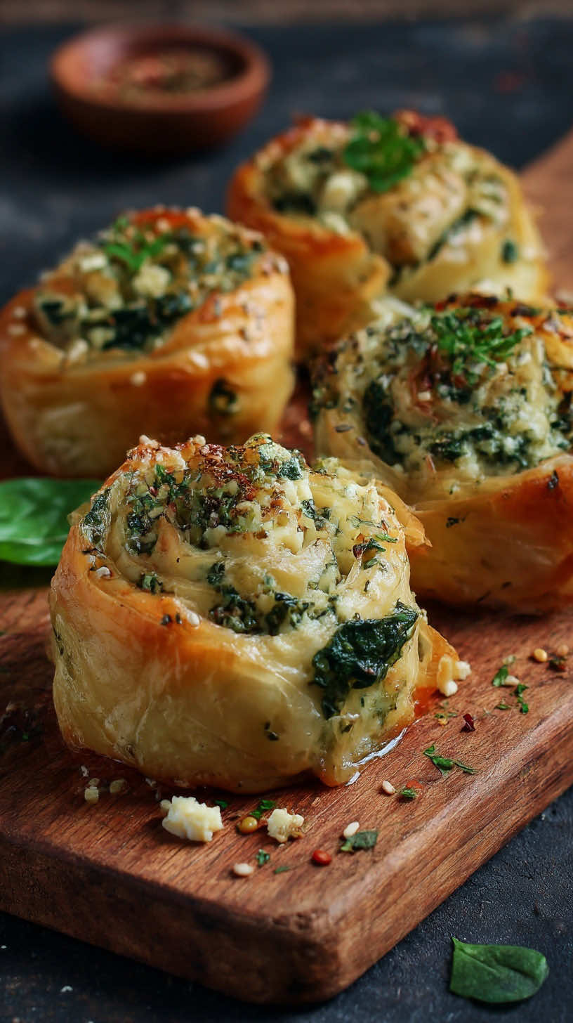 Here’s a Spinach & Feta Phyllo Roses recipe, flaky, golden, and creamy with a beautiful rose shape  🌿✨ ⸻ 🥬 Spinach & Feta Phyllo Roses Servings: 6 roses Prep Time: 15 min Bake Time: 25 min Ingredients 	•	6 sheets phyllo pastry 	•	200 g fresh spinach (or 150 g frozen, thawed & squeezed dry) 	•	150 g feta cheese, crumbled 	•	100 g ricotta or cream cheese 	•	2 tbsp olive oil or melted butter (plus extra for brushing) 	•	1 garlic clove, minced 	•	½ onion, finely chopped 	•	½ tsp dried oregano 	•	Pinch of nutmeg 	•	Salt & pepper, to taste 	•	2 tbsp grated parmesan (optional, for topping) 	•	Sesame seeds or crushed nuts for garnish ⸻ Method 	1.	Prep the filling: In a pan, heat olive oil, sauté onion and garlic until soft. Add spinach and cook until wilted. Season with salt, pepper, oregano, and nutmeg. Let cool slightly, then mix in feta and ricotta. 	2.	Prepare the phyllo: Lay one sheet of phyllo on a clean surface, brush with melted butter or olive oil. Add another sheet on top and brush again. Cut the layered sheets into 3 long strips. 	3.	Shape the roses: Spoon a line of spinach-feta filling along one edge of each strip. Gently roll up the strip into a loose coil, tucking the end underneath to form a rose shape. 	4.	Bake: Place each rose in a muffin tin or on a lined tray. Brush the tops with more butter/oil, sprinkle with parmesan and sesame seeds. Bake at 180 °C (350 °F) for 20–25 minutes, or until golden and crisp. 	5.	Finish & serve: Let cool slightly before serving. Garnish with extra herbs or drizzle of honey for a sweet-salty twist 🍯  #fyp 