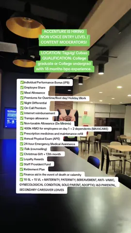ACCENTURE IS HIRING NON VOICE/ CONTENT MODERATORS! LOC: TAGUIG/CUBAO  QUALIFICATION: College grad or College undergrad with 18 months bpo experience.  #fyp #accenture #nonvoice #hiring #content 