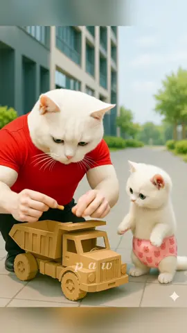 The kitten was teased for playing with a cardboard construction dump truck, Daddy Cat built a robot dump truck.                                             #catfunnyvideos #superpapa #catcartoon #supercat #cattales 