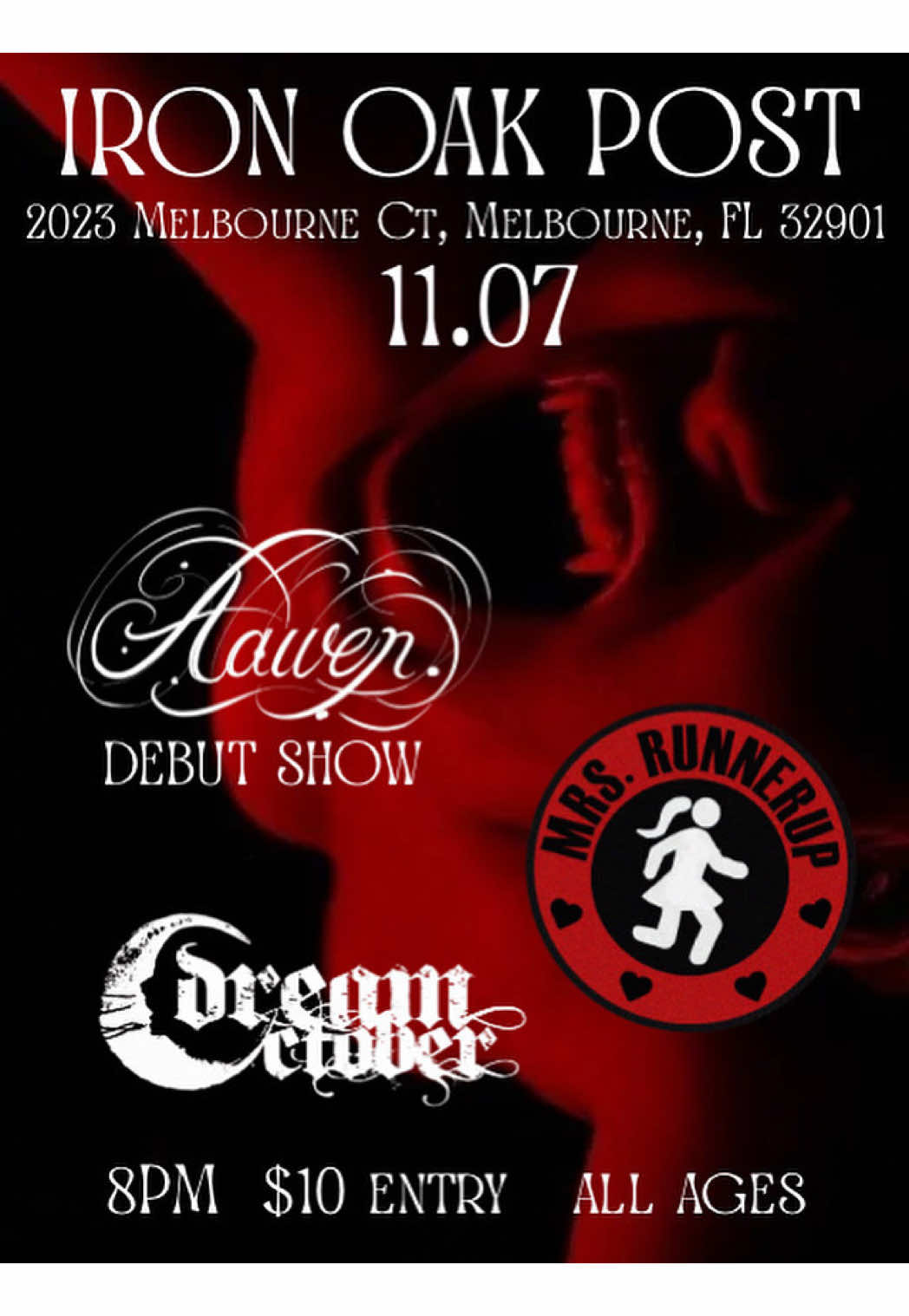 📍 Melbourne FL . 11.07 we are throwing a female fronted show @IronOakPost  . Come out support ur local girl scene w/ Mrs.Runner up , Dream October, and Aawen 🫶  . 🖤all Witches Welcome 🖤 . #girlpunk #localshow #femalefronted #alternative #melbournefl 
