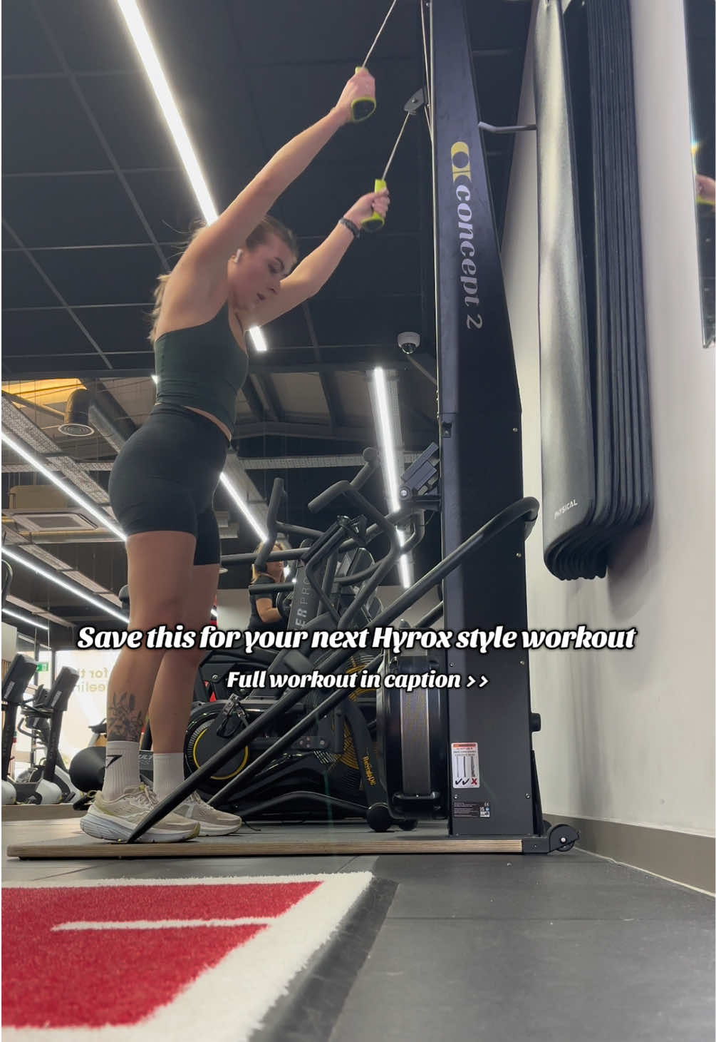 Save for your next Hyrox workout 🏋🏼‍♀️  300m ski 20m sled push (120kg) 20m burpees  300m row  20 WB 6kg X5 (90s rest in between rounds) Pre workout used: @ehplabs Cosmic Blast 💥🍓 #hyroxworkout #hyrox #hyroxwomen #fitnessmotivaton #hyroxtraining 