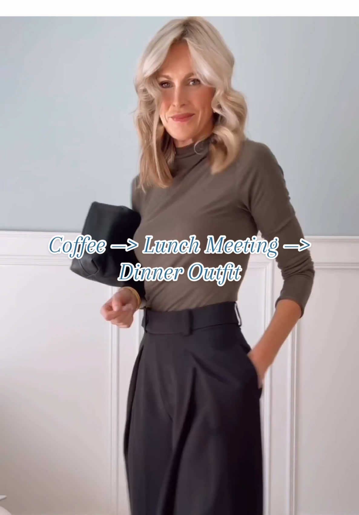 Started the day in pajamas with coffee in hand… and then we made it all the way to trousers and dinner plans. One pair of pants, two different moods — work → out. #MomsofTikTok #momsover40 #outfitinspo #fallfashion 