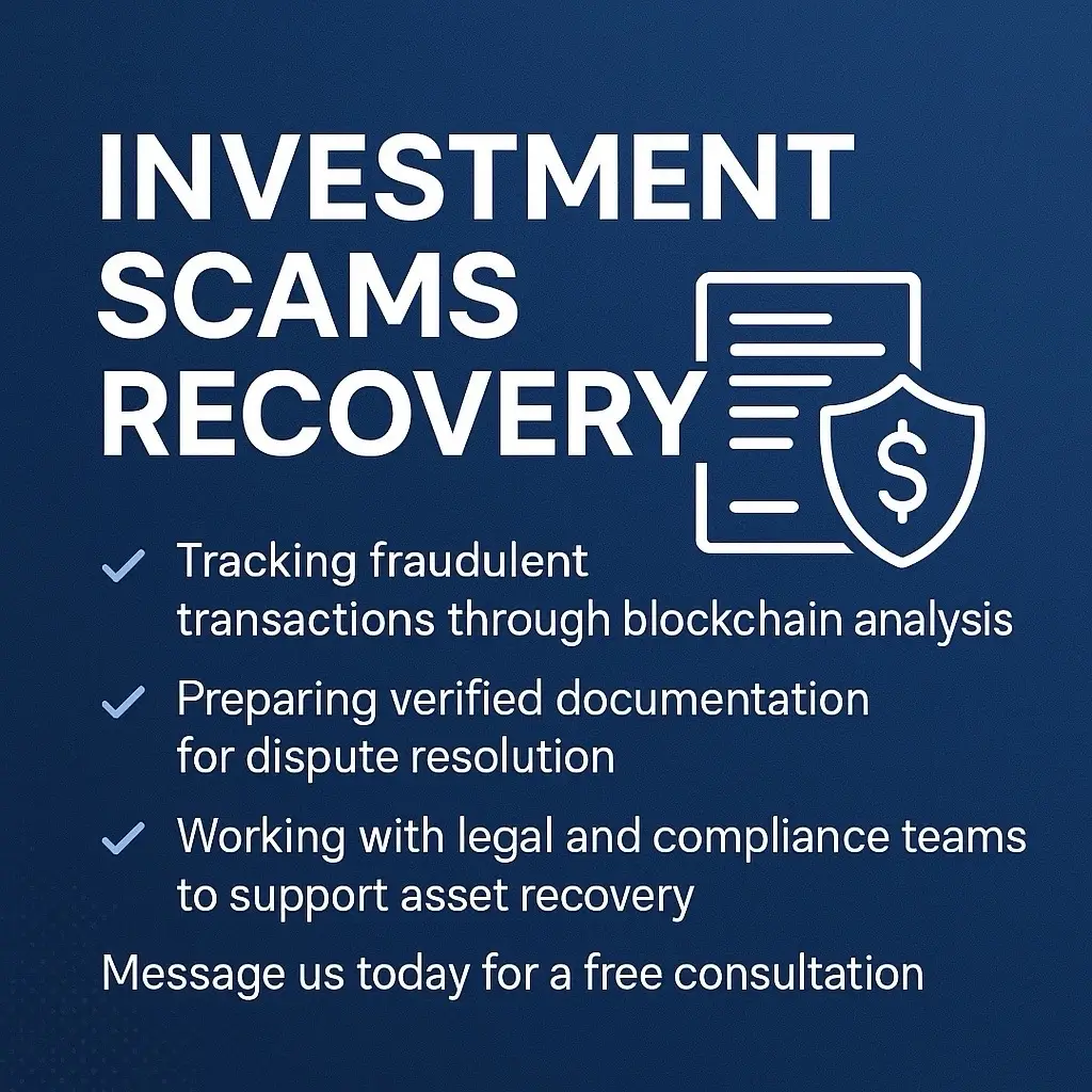 Professional Help for Victims Falling victim to a fake investment platform or online trading scam can be devastating. Many victims lose not just their funds, but also trust in digital platforms. However, with the right expertise, investment scams recovery is possible. At crypto recovery online, we help clients recover lost funds through legitimate, secure, and professional recovery procedures. Our process includes: 🔍 Tracking fraudulent transactions through blockchain analysis ⚖️ Preparing verified documentation for dispute resolution 🛡️ Working with legal and compliance teams to support asset recovery Each case is handled with integrity, transparency, and confidentiality to ensure victims get genuine help — not false promises. 💬 Have you been a victim of an investment scam? Message us today for a free consultation and see what recovery options are available for you. #InvestmentScamsRecovery #CryptoRecoveryExperts #DigitalAssetRecovery #ScamAwareness #ProfessionalCryptoServices