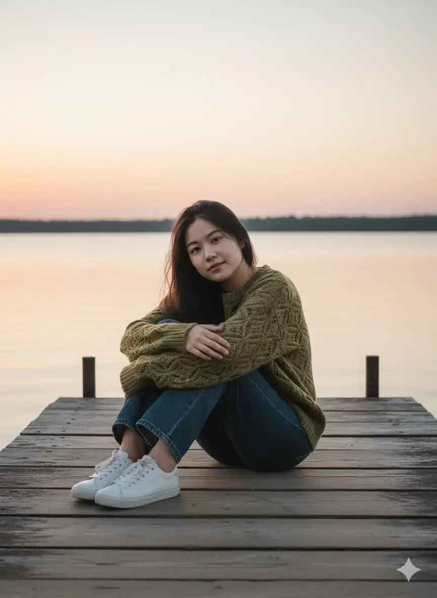 A young woman sits at the edge of a wooden pier facing a calm lake at sunset. She wears a thick army-green knitted sweater with a geometric openwork pattern, loose dark blue jeans, and clean white sneakers. Her long hair flows naturally, slightly tousled by the gentle evening breeze. Her body leans forward slightly, knees bent, and her arms wrapped around them, creating a warm and introspective impression. The sunset light casts a gradient of soft orange to pale blue across the sky, reflected on the surface of the water, evoking a serene and melancholic atmosphere. The wooden pier shows its natural texture clearly, enhancing the realistic and organic feel of the scene. The camera angle is taken from a low position, level with the pier’s surface and slightly to the subject’s front-left side, creating an intimate perspective that emphasizes her gentle facial expression and the details of her clothing. In the background, a wide horizon line with dark trees in the distance reinforces the sense of peace and open space. #prompt #gemini #fyp