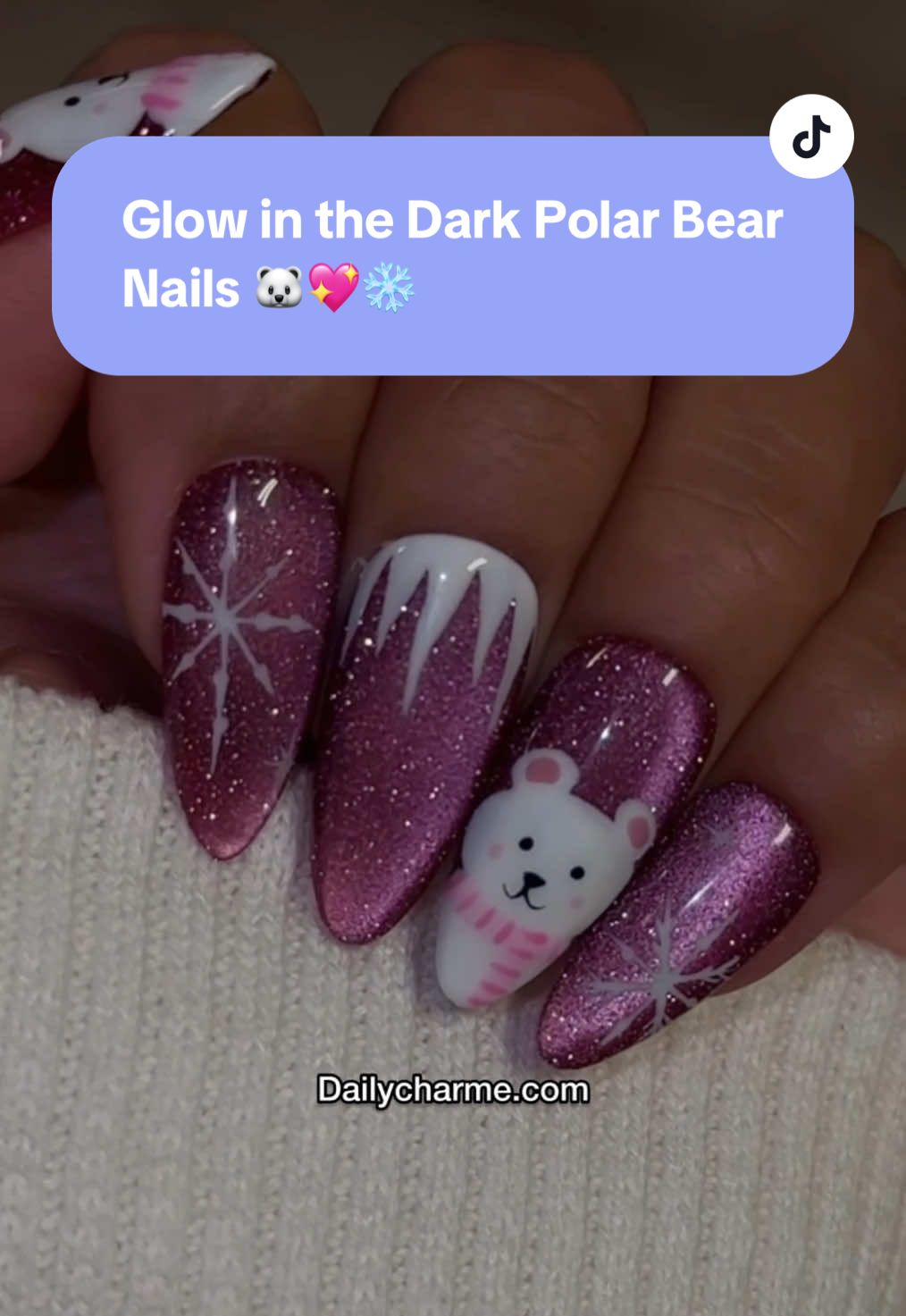 Cute & Easy Glow in the Dark Polar Bear Nails 🐻‍❄️💖❄️ The cutest winter nails that literally glow in the dark! Perfect for your cozy holiday mani ✨  💅 Everything used for this look is from the brand Daily Charme & is listed below. All goodies are available now in our TikTok shop or via the 🔗 in bi0 💖 Save & share for winter nail inspo!  Using @daily_charme: 🍷 E60 Mulled Wine Season 🤍 002 Perfect White 💖 302 Pinkaholic 💗 305 Sweet Dreams 💗 306 Fair Lady 🖤 P01 Black Art Paint  🌟 White Glow in the Dark Pigment  ⚫️ 4-in-1 Nail Art Multi- Dotting Pen  🖌️ 12 Art Liner Nail Art Brush  💎 Diamond Shine Top Coat  💅 Medium Almond Clear Extension Tips  #glowinthedarknails #winterbearnails #holidaynails #polarbearnails #winternailart                       