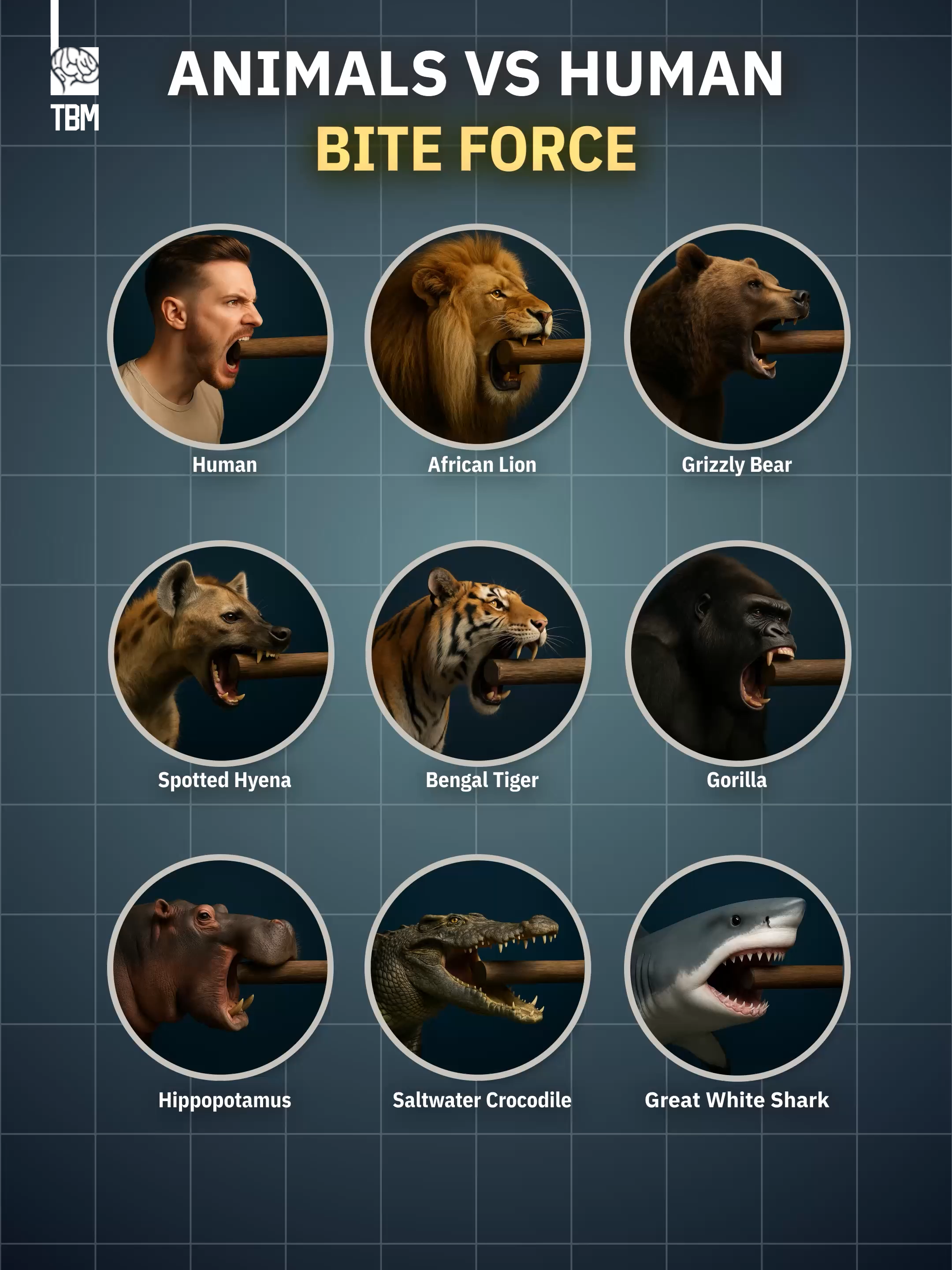 Animals vs Human: Bite Force We created this animation comparing the bite force of powerful animals against a human to reveal who truly has the strongest jaws. #fypシ゚ #fypシ゚viral🖤tiktok #foryou #foryoupage❤️❤️ #viraltiktok #viral #viralvideos #human #animals #biteforce