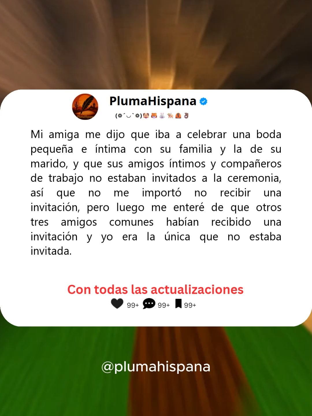 Mi amiga me dijo que iba a celebrar una boda pequeña e íntima con su familia y la de su marido, y que sus amigos íntimos y compañeros de trabajo no estaban invitados a la ceremonia, así que no me importó no recibir una invitación, pero luego me enteré de que otros tres amigos comunes habían recibido una invitación y yo era la única que no estaba invitada. #plumahispana #historiasdereddit #redditespañol #fypspain #eshistoriasdereddit #redditspain #fyp