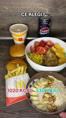 🥗 Nu e vorba de restricții, ci de alegeri inteligente. Hai să comparăm două variante de prânz sau cina, aparent similare ca volum, dar foarte diferite din punct de vedere nutrițional 👇 🍔 Varianta 1 – Fast-food (McDonald’s) •	2 McPuișor, cartofi prăjiți mici si suc mic Fanta (250 ml)  Total: ~1020 kcal 🔹 Zaharuri simple: ~28–30 g 🔹 Grăsimi totale: ~44 g 🔹 Grăsimi saturate: ~8 g 🔹 Proteine: ~37 g 🔹 Fibre: ❤ g 🧠 De remarcat: multe grăsimi prăjite, zahăr adăugat din suc și făinoase rafinate → creștere rapidă a glicemiei, sațietate redusă și aport mare de calorii „goale”. 🥗 Varianta 2 – „Smart combo” (alegeri conștiente) Salată cu piept de pui, iaurt cu fructe si pepsi Zero (330 ml) Total variantă „smart” → 530 kcal 🔹 Zaharuri simple: ~10 g (din fructe, nu adăugate) 🔹 Grăsimi totale: ~26 g 🔹 Grăsimi saturate: ~6 g 🔹 Proteine: ~39 g 🔹 Fibre: ~5 g 🔍 Concluzie Diferența? ➡️ Aproape jumătate din calorii, ➡️ de 3 ori mai puțin zahăr, ➡️ grăsimi de calitate mai bună, ➡️ mai multe fibre și aceeași cantitate de proteine. ‼️Nu e vorba de restricții, ci de alegeri care te ajută să-ți menții energia, glicemia stabilă și senzația de sațietate mai mult timp. . . . #calorii #caloriicalculate #caloriilenumaicontează #mcdonal #pepsi  