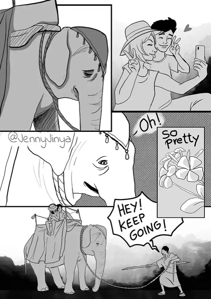 Please don't participate in attractions in which you can ride elephants. The animals are often gravely mistreated. </3 Hired by @Jenny Jinya to post This is the Official LOVING REAPER North American account  #artistsoftiktok #realartists #realart #realartist #art #noai #lovingreaper #lovingreaperwebtoon #foryoupage #foryou #fyp #comic #webtoon #elephant 