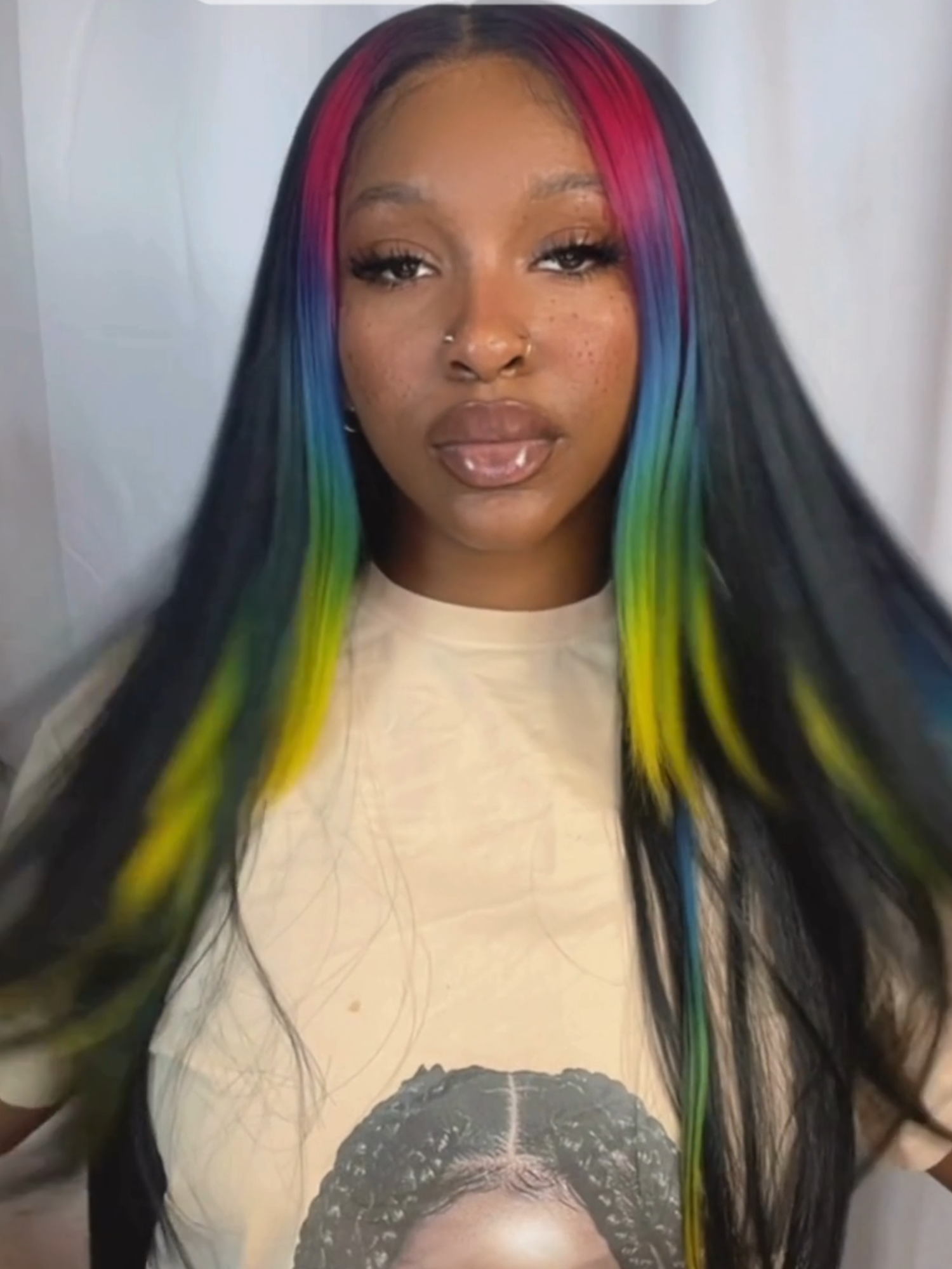 Wig: Outre Athala in color MCFF Rainbow Rush Rainbow hair is itttt #ebonyline #outre #outrehair #OutrePerfectHairline  #syntheticwig #gluelesswig #colorfulwig #colorfrontpiece #longwig #straightwig #13x6 #MCFFRNBRU