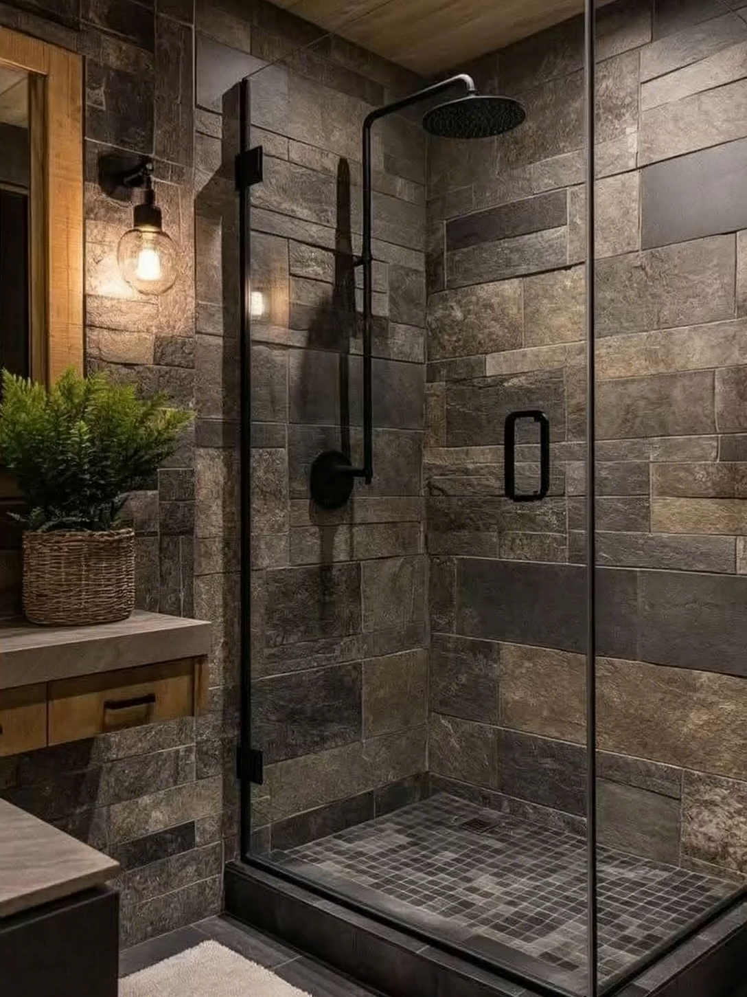 Luxury meets nature in this dark stone shower 🖤🔥 Perfect mix of modern, rustic, and spa vibes! #bathroomdesign #luxurybathroom #showergoals #modernhome #interiorinspo #darkaesthetic #stonetiles #rusticmodern #homedecorideas #fyp #spalife #designinspiration #moodyinteriors #bathroomtrends #homevibes