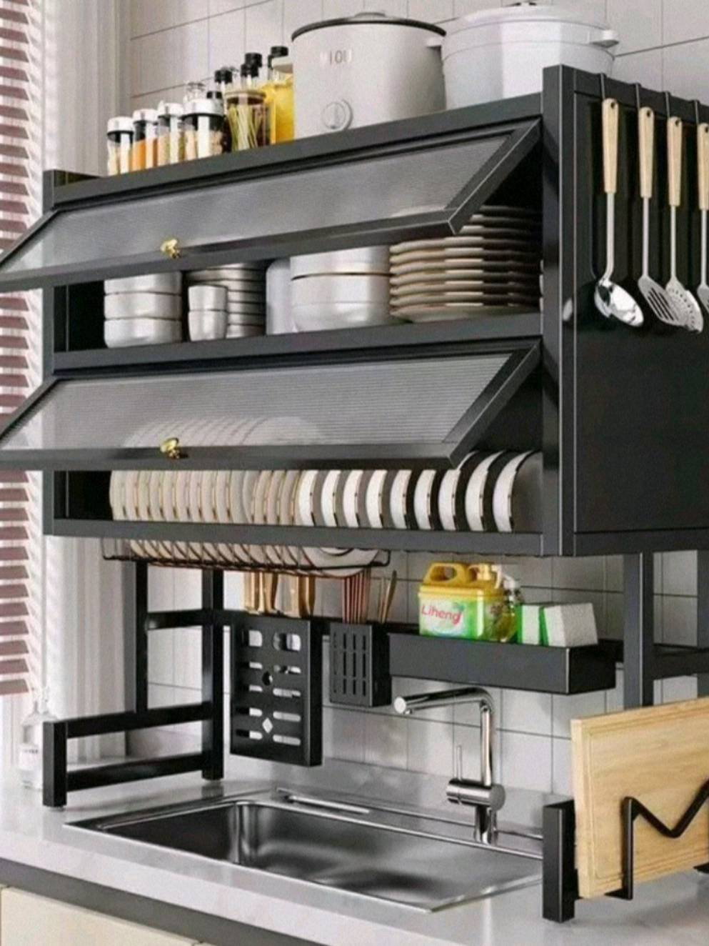 105cm Escorredor De Louça Cozinha Suspensa Modula Autosustentavel Pia Suportes e racks de armazenamento Rack Organizador Estante poeira porta armário